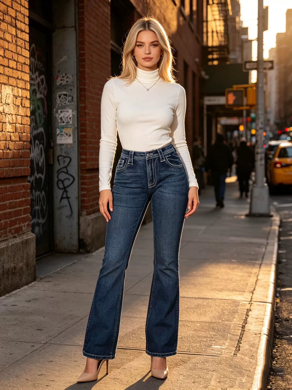 ZARA Womens Blue Washed Micro Flare Jeans High Rise Slim Street Style Long Pants